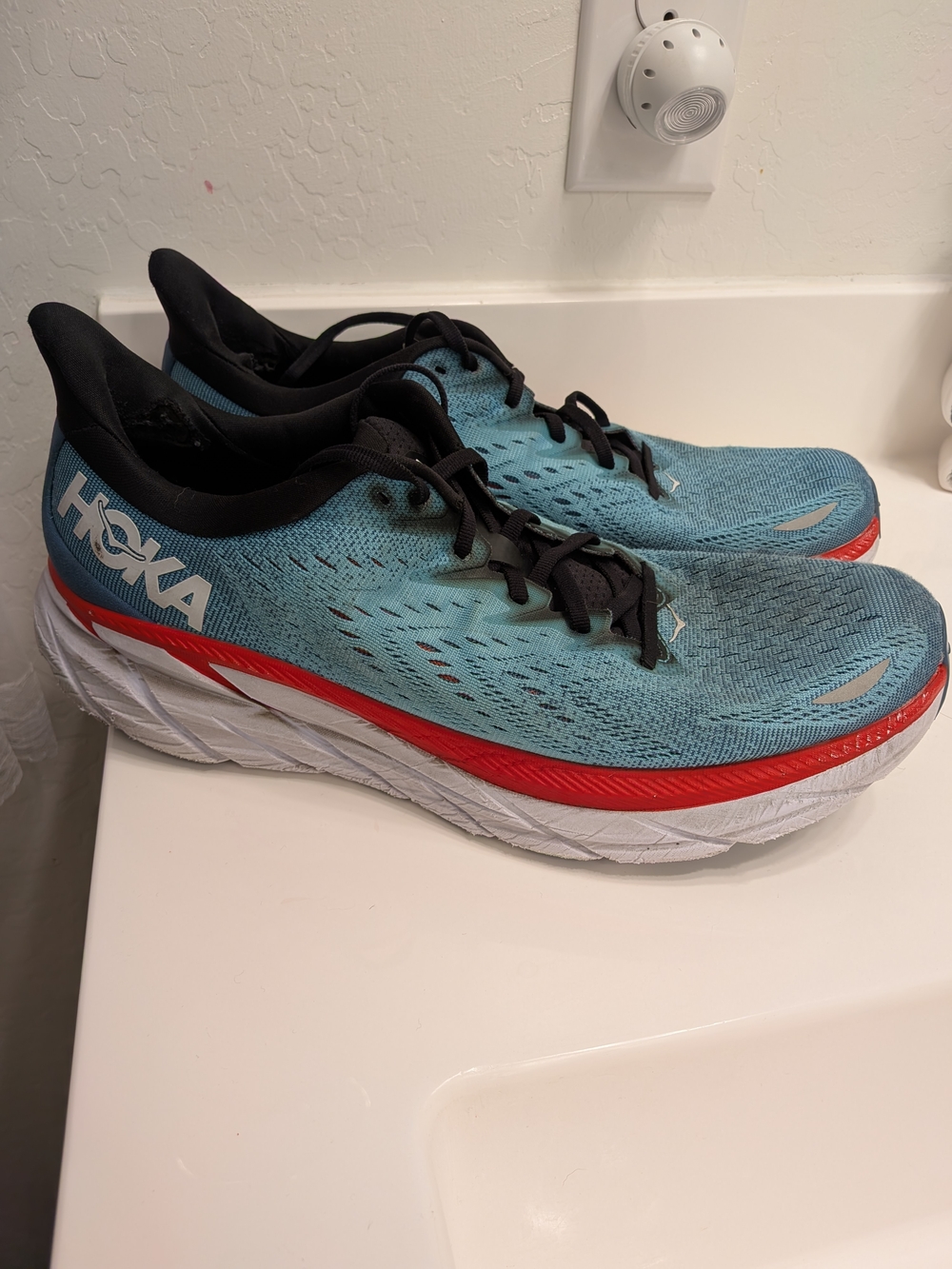 HOKA Clifton 8 Running Shoes Blue Red Men's Athletic Sneakers Size 12